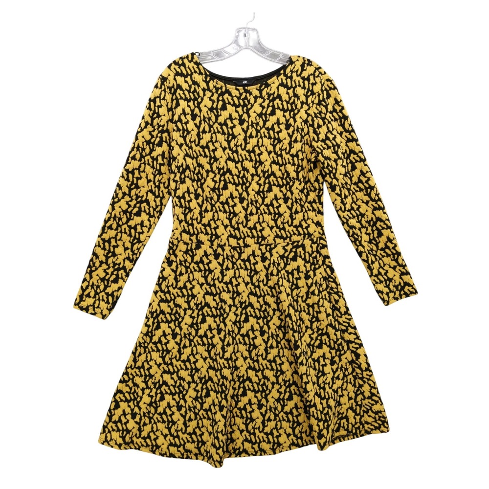 H&M‎ Fit and Flare Dress Long Sleeve Patterned Casual Black Yellow L